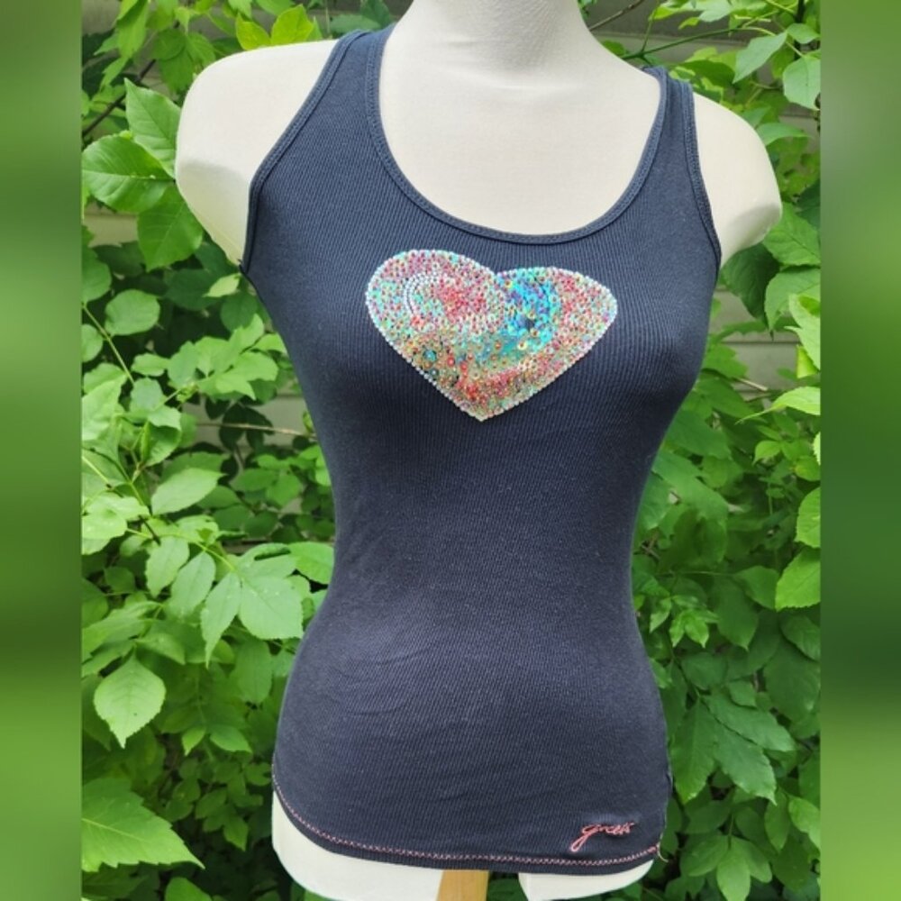 Guess Y2K Girly Small‎ Black Sequin Heart Stretchy Tank
